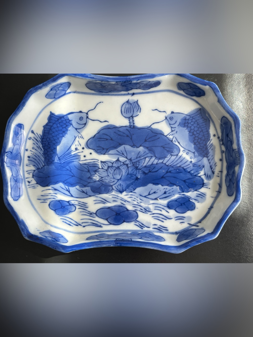 Vtg Blue and White Ceramic Fish Serving Dish - Classic Lotus Design signed